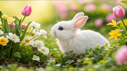 White bunny in spring garden surrounded by colorful flowers and lush greenery
