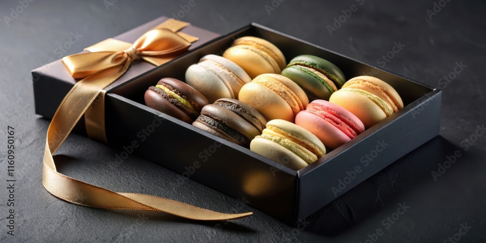 Poster a black gift box adorned with a golden ribbon, filled with a collection of colorful macarons, reveal