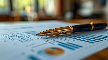 Fototapeta premium A luxury pen rests on a detailed financial chart, symbolizing analysis and professionalism in a corporate setting