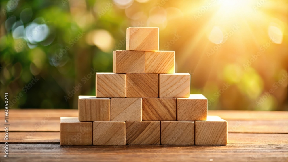 Poster wooden blocks stacked in a pyramid shape on a wooden table with a blurred green and yellow backgroun