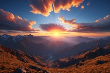 Naklejka premium mountains with a valley and a sunset in the background