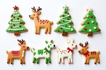 Fototapeta premium holiday cookies shaped like christmas trees animals decorated watercolor icing white