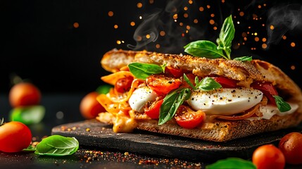 Italian panini with fresh mozzarella and tomatoes, cobblestone Florence street with the Duomo visible