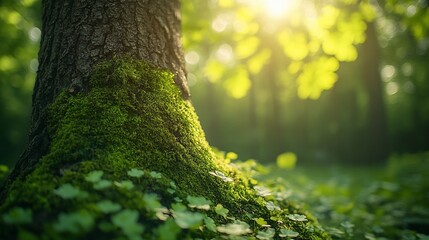 Fototapeta premium Sunlight Illuminates Mossy Tree Trunk in Lush Forest