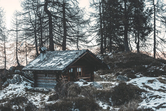 winter landscape in the mountains with a small wooden cabine in the pine tree forest
