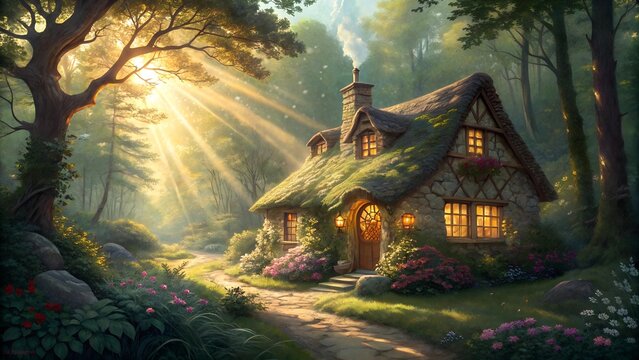 A forest cottage glowing with warm light, surrounded greenery and sun rays,