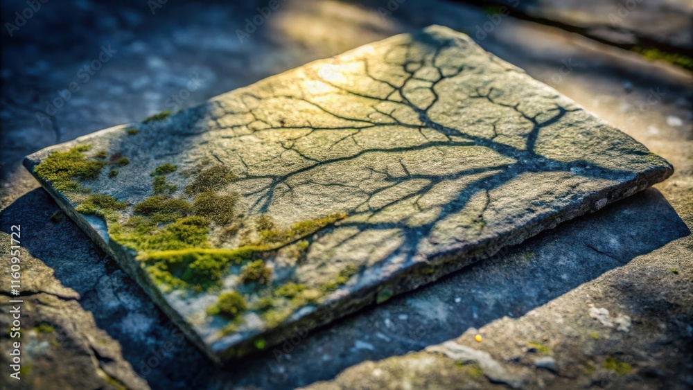 Poster A sunlit stone slab with moss and a shadowed tree branch silhouette on its surface, creating a natural and intricate design.