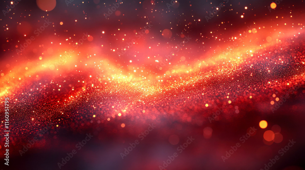 Poster abstract, glowing red particles in a dark background, creating a dynamic wave-like pattern with a fu