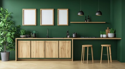 Modern Kitchen Interior with Green Wall and Wooden Furniture