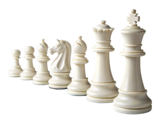 White Chess Pieces Lineup Pawn, Knight, Bishop, Queen, King