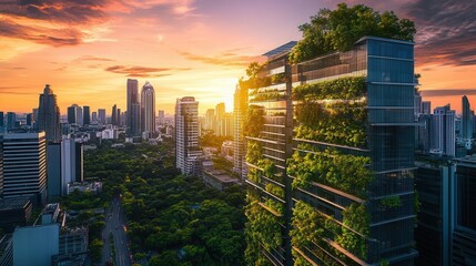 Obraz premium sustainable urban architecture modern green building with vertical gardens and solar panels integration in city skyline at sunset