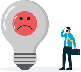 A man attaches a smiley sticker to an idea lamp, an illustration for positive thinking.
