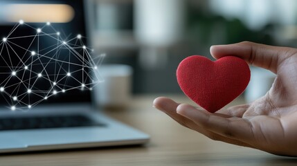 Close-up of businessman placing a red heart symbol in his pocket while at the office, highlighting feelings associated with Valentine's Day