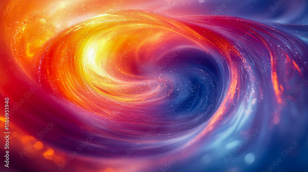 Poster a mesmerizing swirl of vibrant colors, blending warm oranges and cool blues, creating a dynamic abst