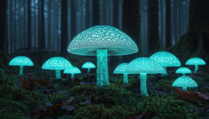 Illuminated Mushrooms in Enchanted Forest at Night