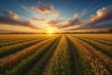 arafed field of crops with a sunset in the background