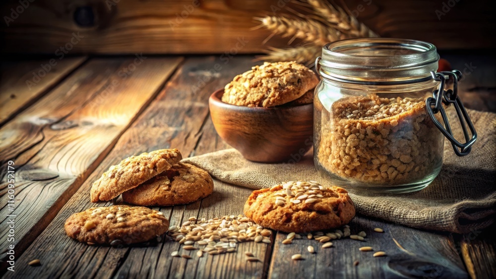 Poster a rustic wooden table setting with freshly baked cookies and a jar of oat flakes, a delightful treat