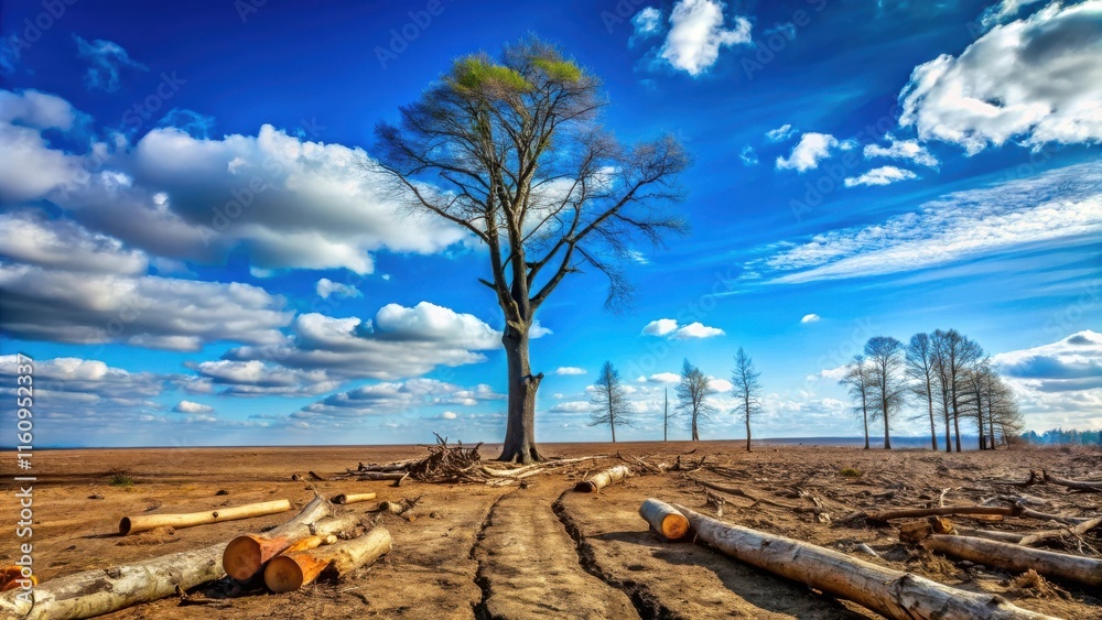 Poster a solitary tree stands tall amidst a field of felled logs, its branches reaching towards the bright 
