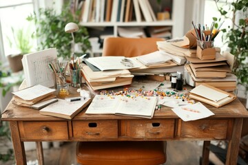 A cluttered desk with scattered pills, syringes, and drug paraphernalia, set in a run-down room