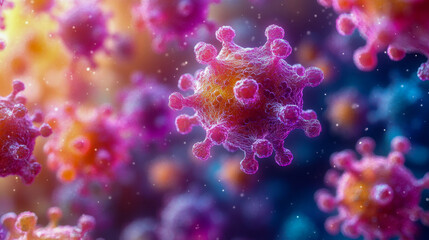 Obraz premium Artistic depiction of viruses in vibrant colors with intricate details, featuring pink and purple hues