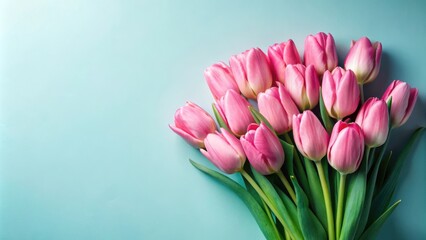 Fototapeta premium A vibrant bouquet of pink tulips against a soft blue background, symbolizing spring's arrival and new beginnings.