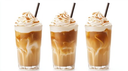 three refreshing iced coffee drinks in tall clear glass cups with milk swirls, whipped cream topping and eco-friendly straws on white background