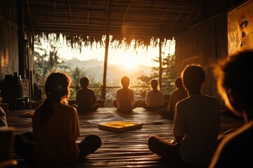 A community-run rehabilitation center with people participating in group therapy, surrounded by motivational posters