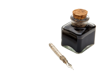 Antique Inkwell, Quill Pen on Transparent Background