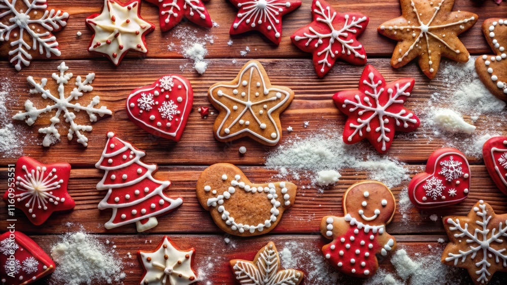Poster a festive spread of gingerbread cookies decorated with white icing and red and white frosting on a w