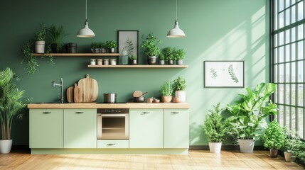 Modern Kitchen Design with Green Walls and Abundant Plants
