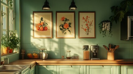 Bright and Cozy Kitchen with Art and Natural Light in Green Tones