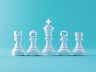 Business strategy, chess pieces with sustainable energy icons, 3D illustration