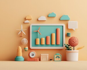 Renewable resource icons, floating around a business presentation screen, 3D illustration