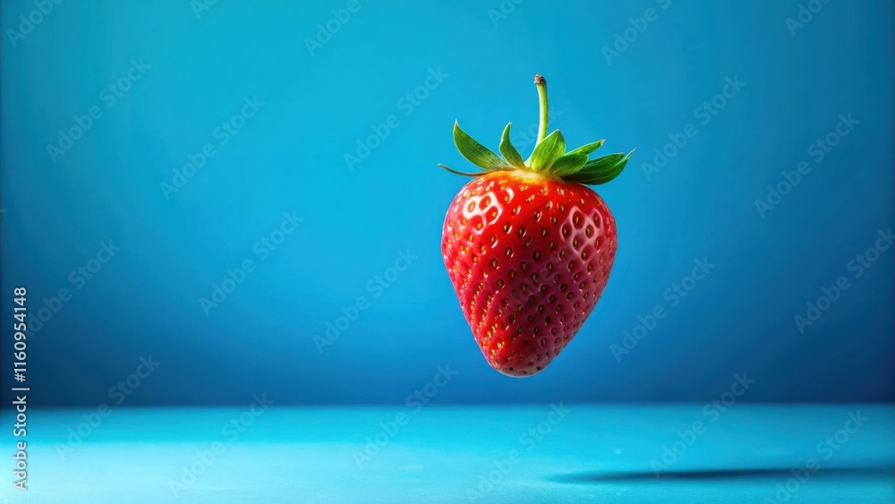 Poster a vibrant red strawberry hovers above a pristine blue surface, creating a striking contrast of color