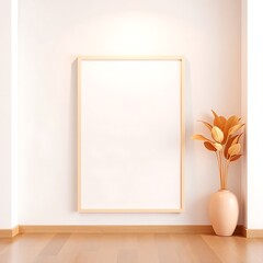 Modern Minimalist Mockup: A vertical, blank canvas in a light wooden frame stands against a muted beige wall, complemented by a stylish vase of dried golden leaves.
