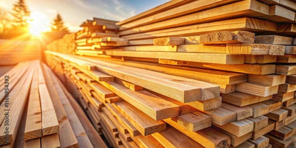 Aufkleber stacked wooden planks bathed in warm sunlight, creating a textured and natural background for design