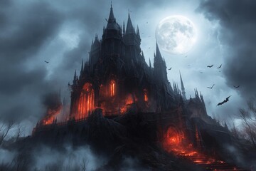A dark, gothic illustration of a mysterious castle on a hill, surrounded by bats and a full moon in a cloudy sky