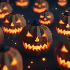 Festive Halloween Pumpkins with Grinning Faces in Dim Light