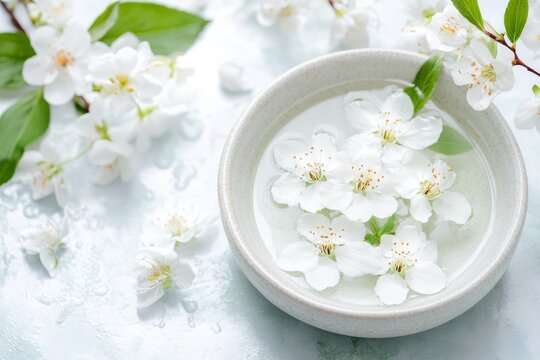A delicate Ikebana piece with peach blossoms and trailing ivy in a shallow, ceramic bowl filled with water