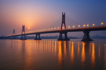 arafed bridge over a body of water with lights on
