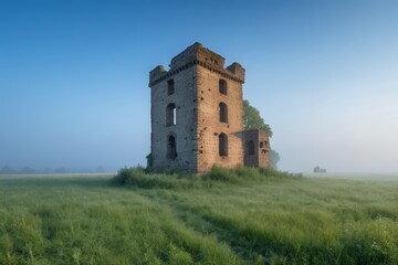 there is a tall brick tower sitting in a field of grass
