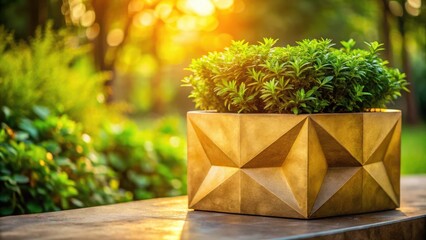 A golden geometric planter with lush greenery sits on a wooden table, bathed in the warm glow of the setting sun.