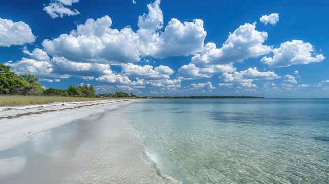 tropical paradise beach landscape with crystal clear turquoise water, pristine white sand, and dramatic cumulus clouds rolling across vibrant blue sky