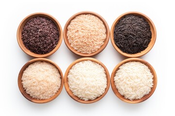 Different types and colors of rice riceberry brown and white Thai jasmine rice in a wooden bowl isolated on a white background Healthy food Flat lay Top view