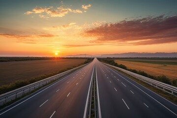 Naklejka premium arafed highway with a sunset in the background and a field of grass