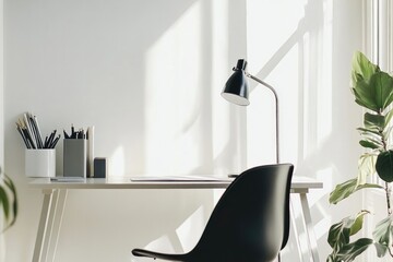 Minimalist workspace features soft sunlight, sleek desk design,