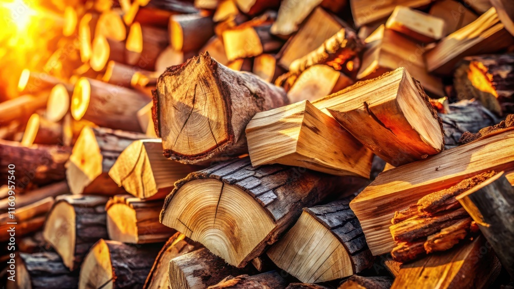 Poster a pile of neatly stacked firewood logs basking in the warm glow of the setting sun, ready to be used