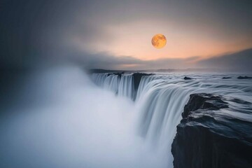 A dramatic night scene of IguazÃº Falls illuminated by a full moon, with mist and shadows creating a mysterious and haunting ambiance