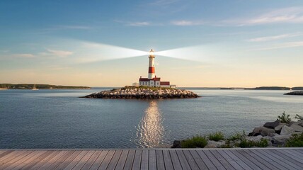 Fototapeta premium Divine Light, Beacon of Hope. A lighthouse shining brightly over calm summer waters, symbolizing guidance and divine presence.