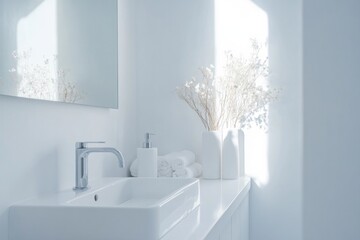 Bright bathroom featuring minimalist design, white tones, and na